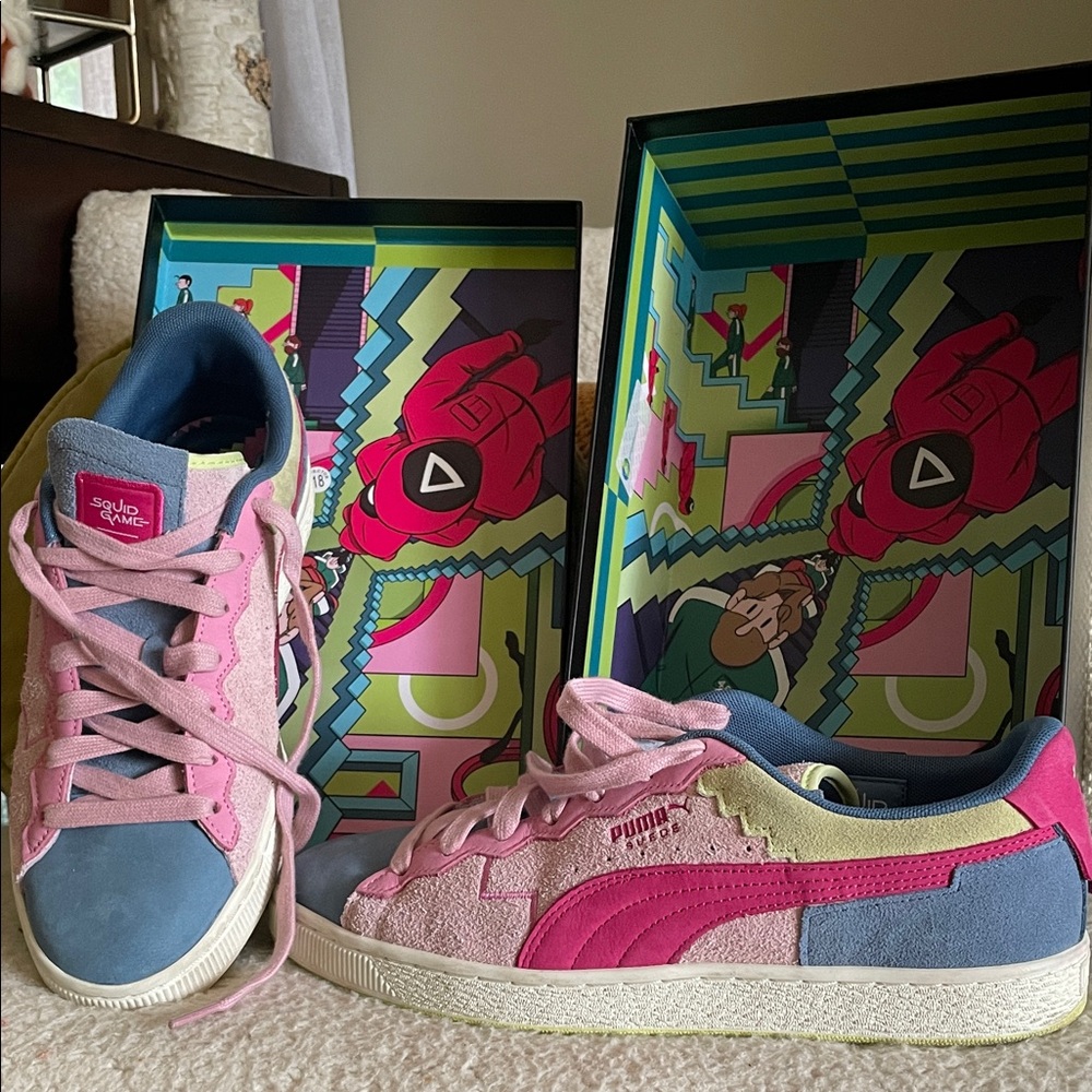 Puma Suede Low-Top Sneakers in Pink, Blue & Yellow SQUID GAME!